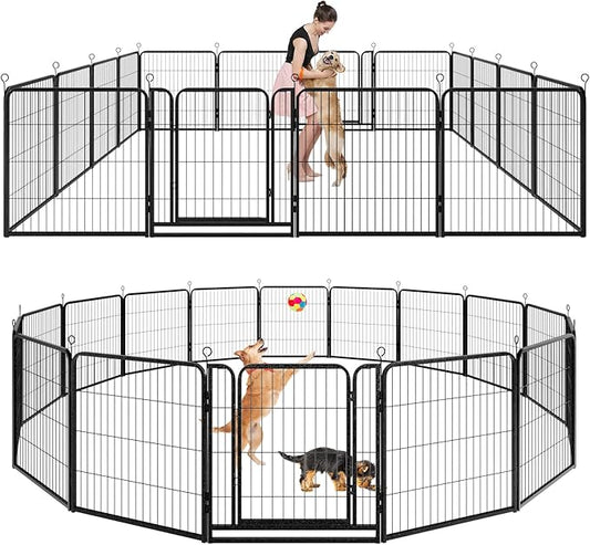 Dog Playpen Outdoor Extra Wide 16 Panels Heavy Duty Dog Fence 32" Height Anti-Rust with Doors Portable for RV Camping Yard, Total 42FT, 140 Sq.ft, Snowy Black-PurrikoPets