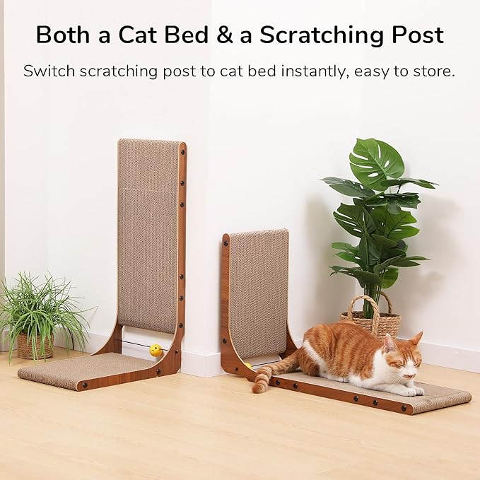 FUKUMARU Cat Scratcher, 26.8 Inch Cat Scratch Pad for Indoor Cats, L Shaped Cardboard Vertical Cats Scratching Board with Ball Toy, Walnut Color, 2 Packs-PurrikoPets