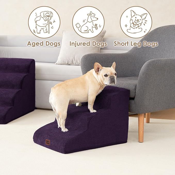 EHEYCIGA Curved Dog Stairs Ramp for Small Dogs 15.7" H, 3-Step Dog Steps for Couch Sofa and Chair, Pet Stairs for Cats, Non-Slip Balanced Pet Steps Indoor, Purple-PurrikoPets