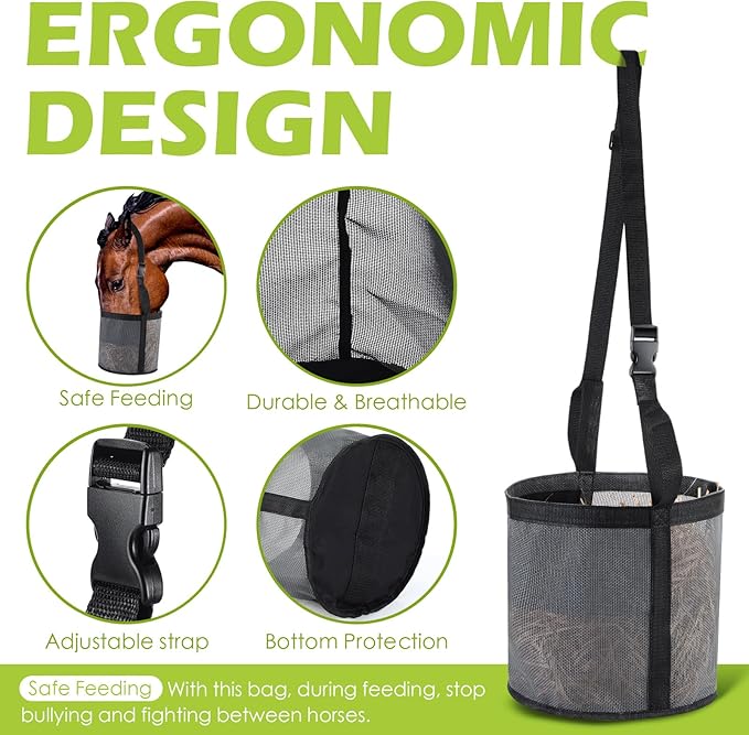 2 Pcs Horses Feed Horse Bag for Grain Hay Bags Heavy Duty Mesh Horse Feeder with Adjustable Strap Comfort Neck Pad Nose Pad and Waterproof Bottom Muzzle(Gray)-PurrikoPets