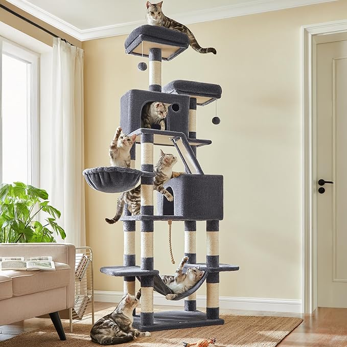 Feandrea Cat Tree, 81.1-Inch Large Cat Tower with 13 Scratching Posts, 2 Perches, 2 Caves, Basket, Hammock, Pompoms, Multi-Level Plush Cat Condo for Indoor Cats, Smoky Gray UPCT190G01-PurrikoPets
