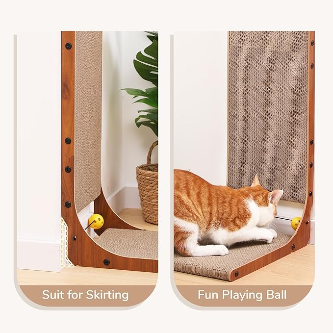 FUKUMARU Cat Scratcher, 26.8 Inch Cat Scratch Pad for Indoor Cats, L Shaped Cardboard Vertical Cats Scratching Board with Ball Toy, Walnut Color, 2 Packs-PurrikoPets