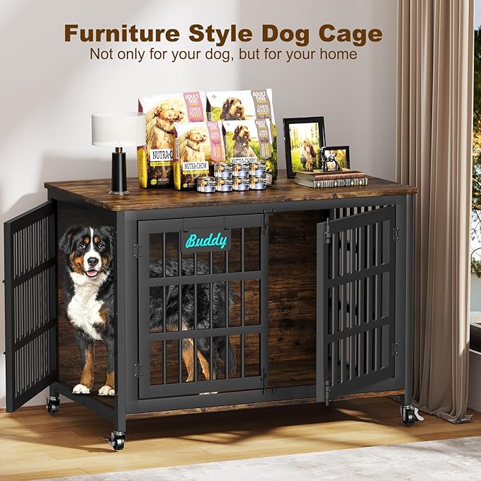EasyCom 48"/42"/33" Dog Crate Furniture with Name Tag, Heavy Duty Dog Kennel Indoor for Large Dogs, Escape-Proof and Chew-Proof Dog Cage for high Anxiety Dog, Decorate House as TV Stand, End Table-PurrikoPets