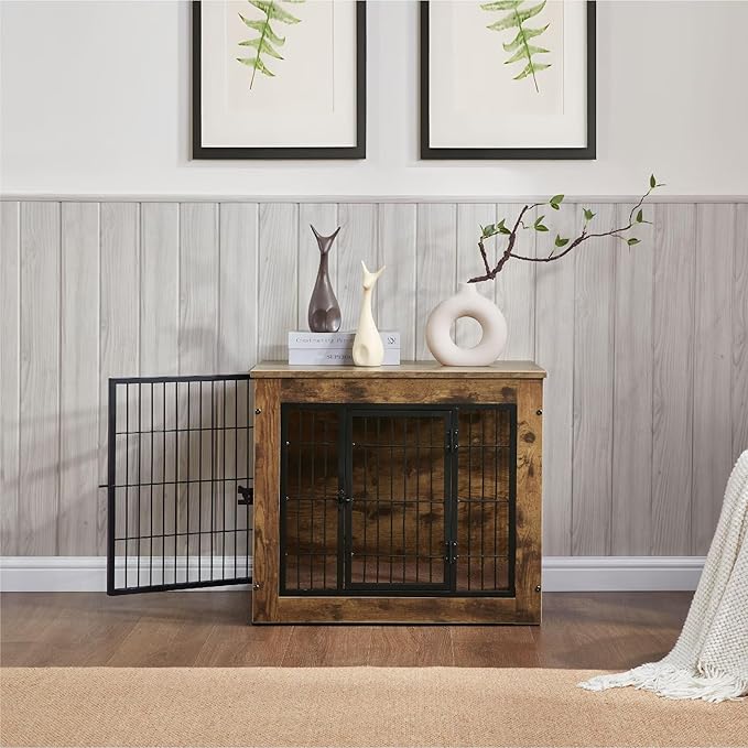 FLEXIMOUNTS Dog Crate Furniture with Cushion, Wooden Dog Kennel Furniture, Heavy Duty Dog Cage, 27" Dog Kennel with Double Doors-PurrikoPets