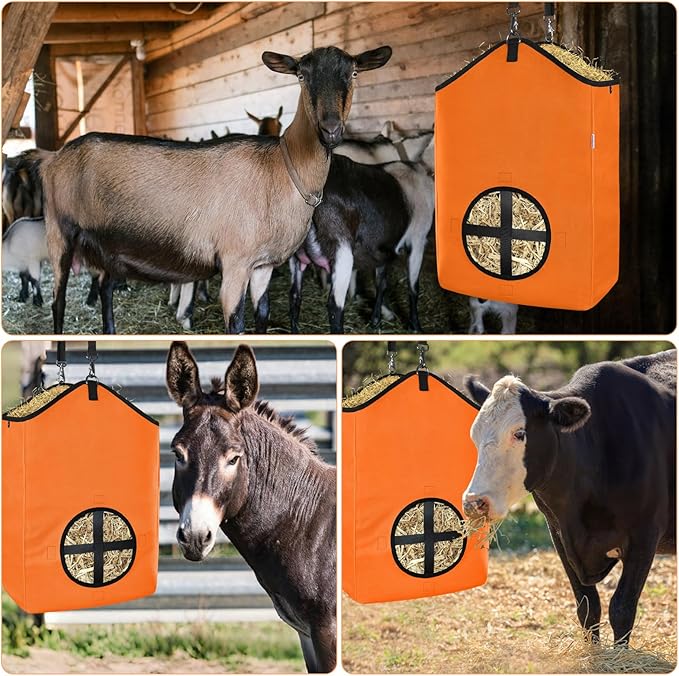 3 PCS Goat Hay Feeder,Hay Bags for Horses,Goats,Donkeys with Reinforced Oxford Fabric and High Strength Metal Clasp,Horse Feeding Supplies with Adjustable Strap for Easy Hanging (2Orange+1Black)-PurrikoPets