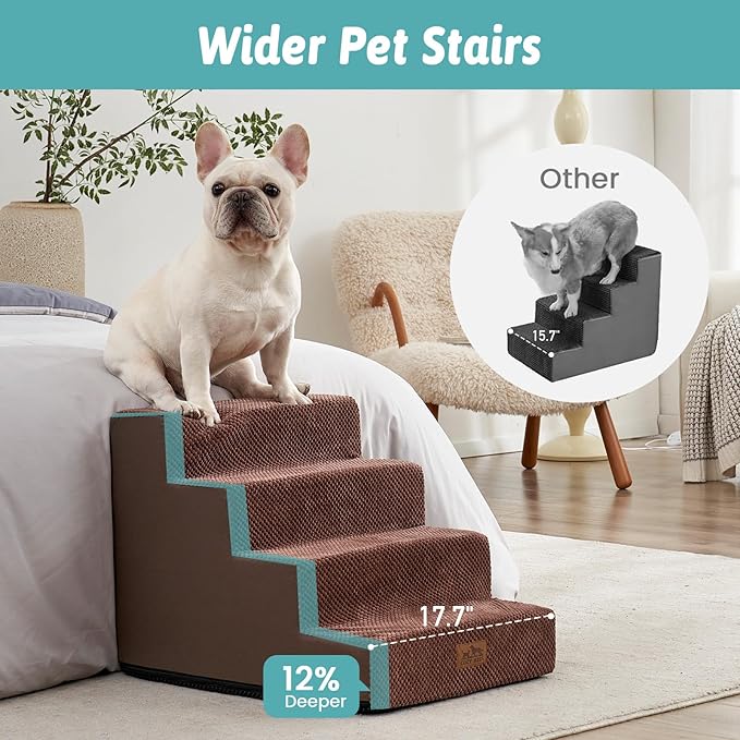 Dog Stairs for Small Dogs, 4 Tier Wider Pet Stairs for Couch and Beds, 17.7" H Non-Slip Dog Steps for Old Cats, Puppy, Small Medium Dogs, 17.7x23.6x17.7 inch, Brown-PurrikoPets