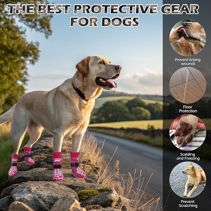 EXPAWLORER Anti Slip Dog Socks to Prevent Licking Paws, Dog Shoes for Hot Pavement, Dog Booties for Small Medium Large Senior Dogs, Traction Control Boots & Paw Protectors for Hardwood Floors Rose-PurrikoPets