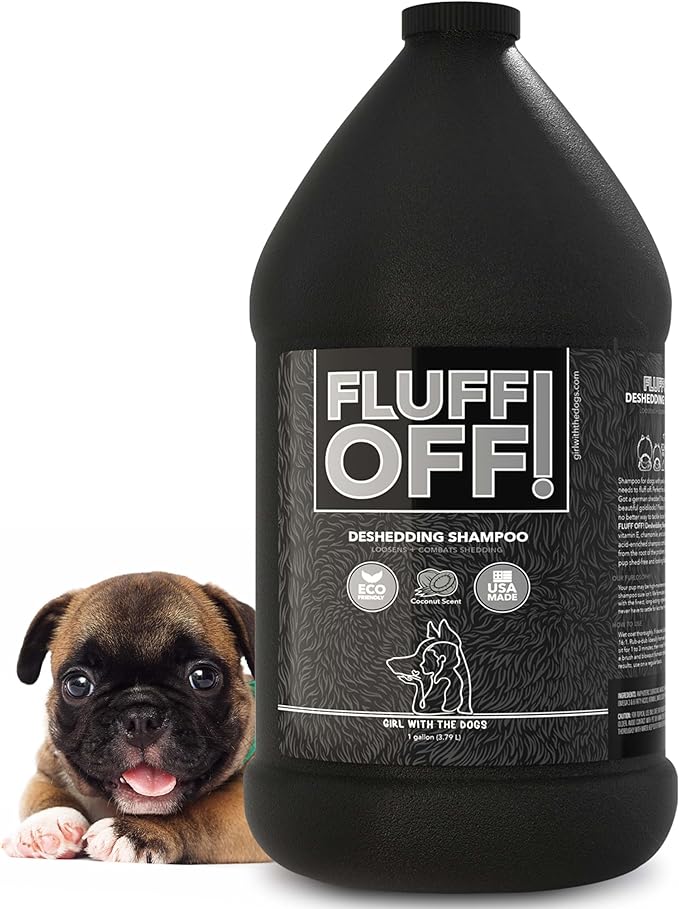 Fluff Off! by Girl With The Dogs, Natural Deshedding Dog & Cat Shampoo, 1 Gal, Made in USA, 8 Wks+-PurrikoPets