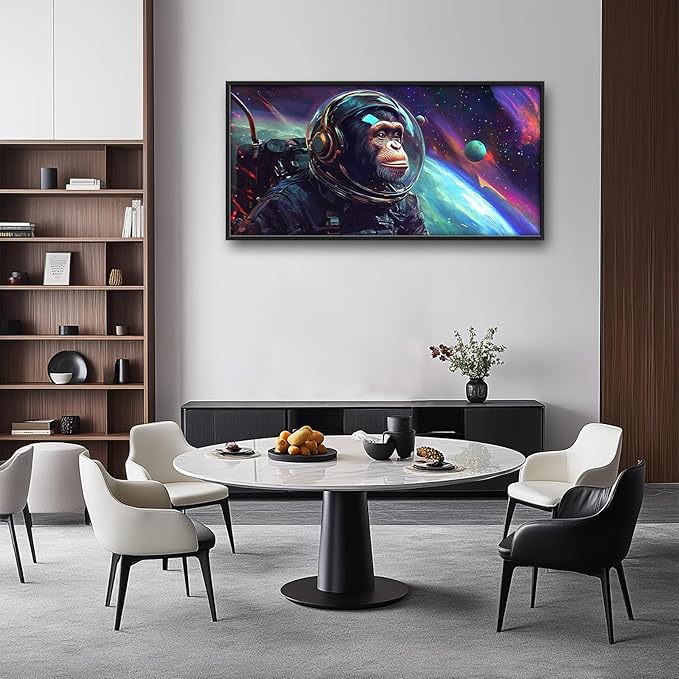 Framed Large Monkey Astronaut Wall Art, Oversized Chimpanzee Spacemen Wall Decor for Living Room, Outer Space Canvas Painting Pictures Modern Artwork for Living Room Bedroom Office 60"x30"-PurrikoPets