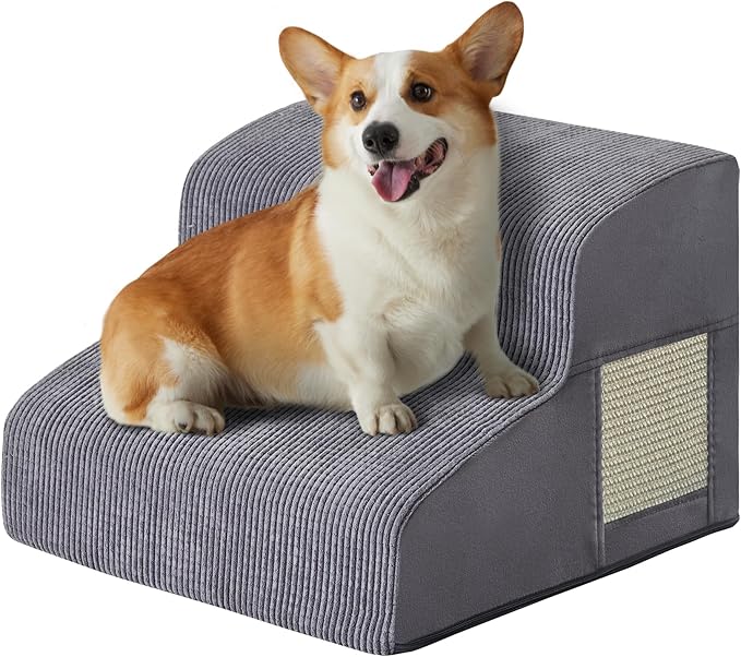 Dogs Steps for Bed, Dog Stairs for Small Dogs, 2-Step Dog Ramp for Bed, Couch, Sofa, and Chairs, Non-Slip Bottom Design, Cat Scratching, High Density Foam Portable Pet Step, Indoor, Grey-PurrikoPets