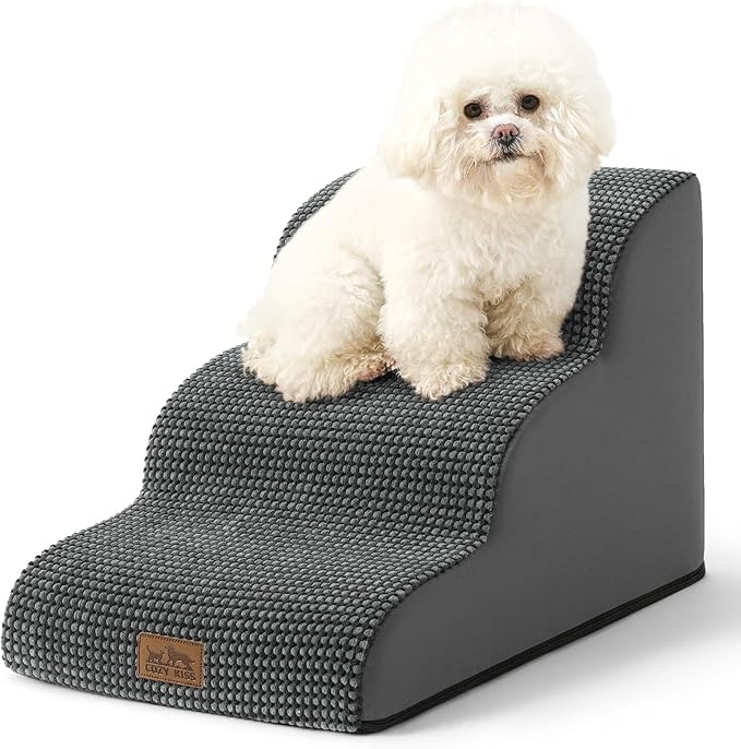 Dog Stairs for Small Dogs 15.7" H, Curved Dog Step for Puppy, Older Cat, Medium Pet Ramp for Sofa, Couch or Chair, Ladder with High Density Foam, 15.7x22.4x15.7 inch, 3 Step, Dark Grey-PurrikoPets