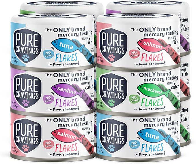 Flakes in Tuna Consommé, Canned Wet Cat Food Soup, 100% Mercury-Tested, Moist Can Fish, Grain-Free Protein, Non-GMO, 3oz, Variety Pack 3X Tuna, 3X Salmon, 3X Sardine, 3X Mackerel-PurrikoPets
