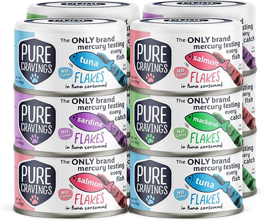 Flakes in Tuna Consommé, Canned Wet Cat Food Soup, 100% Mercury-Tested, Moist Can Fish, Grain-Free Protein, Non-GMO, 3oz, Variety Pack 3X Tuna, 3X Salmon, 3X Sardine, 3X Mackerel-PurrikoPets