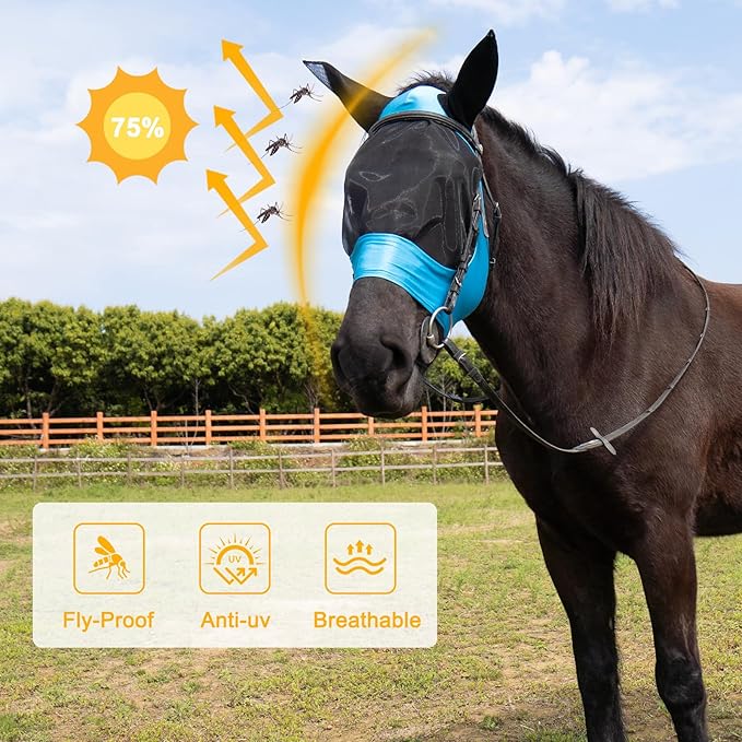 2 Piece Horse Fly Mask with Ears, Comfortable Fit Stretch Fabric Big Eye Space Soft Breathable with UV Protection for Full Horses (Blue-Pink)-PurrikoPets