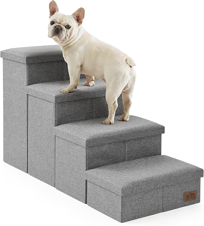 Dog Stairs with Storage, 4-Step Wider Sturdy Dog Steps for Small/Medium/Large Dogs and Older Cats, Folding Doggie Ramp for Bed/Couch/Car Hold Up to 180 lbs (22" H, Grey)-PurrikoPets