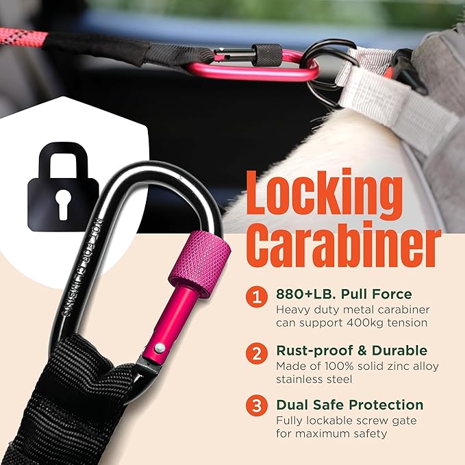 Dog Seat Belt for Car | Universal Dog Car Seatbelt | Durable Reflective Rope with Clip Hook Latch, Buckle and Carabiner- Safe and Secure Pet Safety Restraint (Pink)-PurrikoPets