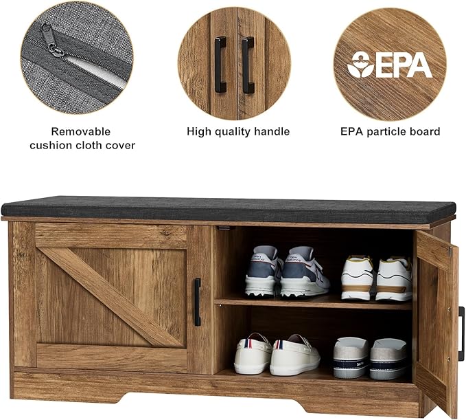 2-Tier Storage Bench, Shoe Bench with Padded Seat Cushion, Entryway Bench with 2 Barn Doors, Adjustable Shelf, 13.8" D x 39.4" W x 17.7" H, for Entryway, Living Room, Bedroom, Rustic Walnut-PurrikoPets