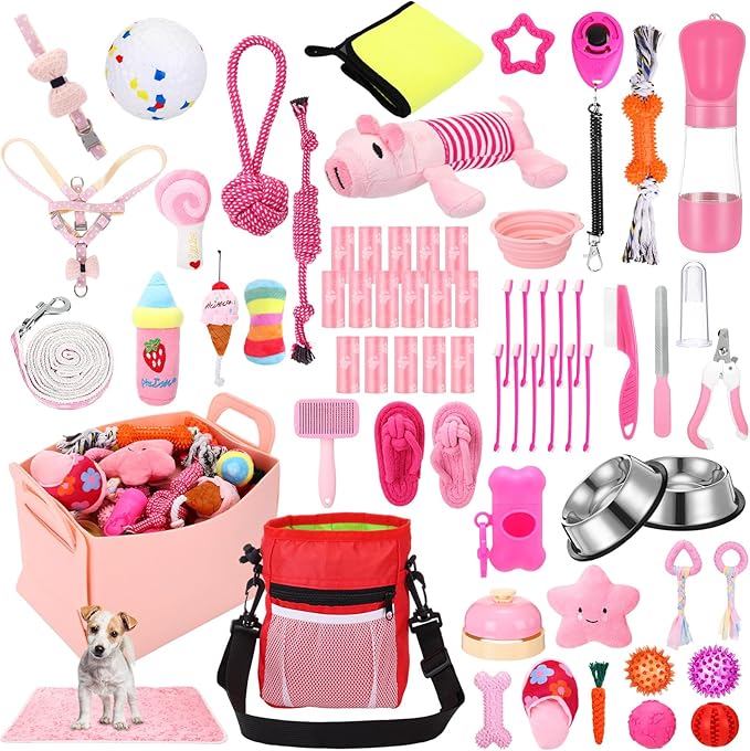 65 Pcs Puppy Supplies Starter Kit Small Dog Essentials Includes Dog Leash, Toys, Bowl, Brushes, Water Bottles, pet Blankets Puppy Accessories for New Welcome Gift Supplies(Cute,Pink)-PurrikoPets