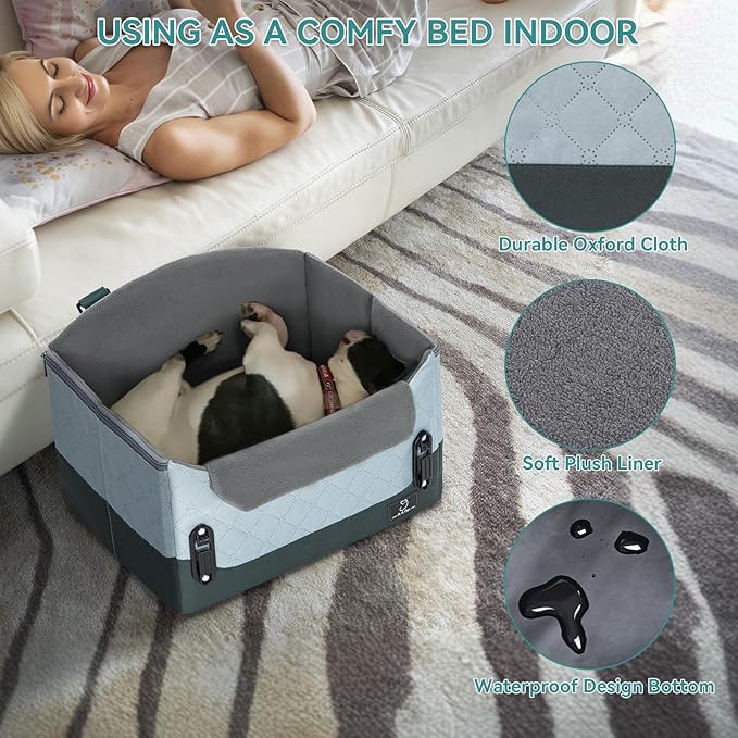 A 4 Pet Dog Car Seats for Small Dogs, Booster Car Seat with Patent Buckles & Clip-On Safety Leash, Pet Seat for Puppy Small Dogs Cats Under 25 Lbs, Green-PurrikoPets