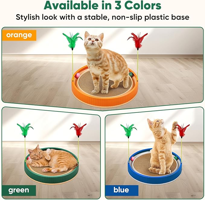 20-Inch Round Cat Scratcher with Ball Track – 3-in-1 Cardboard Scratching Pad with Feather Toy & Non-Slip Base – Interactive Cat Toy for Indoor Cats, Kittens & Large Cats (Green)-PurrikoPets
