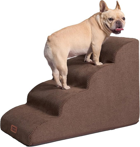 EHEYCIGA Curved Dog Stairs Ramp for High Beds 19.7" H, 4-Step Dog Steps for Small Dogs and Cats, Pet Stairs for High Bed Climbing, Non-Slip Balanced Pet Step Indoor, Brown-PurrikoPets