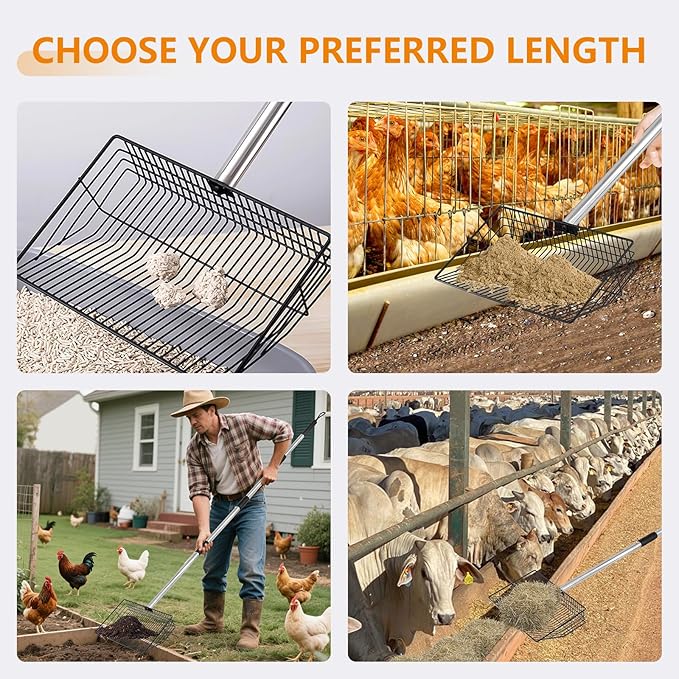 10inch Large Chicken Poop Scooper,36 to 67" Adjustable Long Chicken Coop Litter Metal Scoop with Stainless Steel Handle,5-in-1 Detachable Poop Shovel for Sand,Pet,Chicken,Cat Cleaning Tools.-PurrikoPets