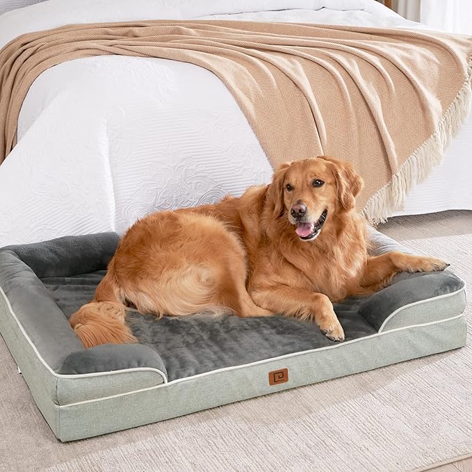 EHEYCIGA Orthopedic Dog Beds for Large Dogs, Waterproof Memory Foam Large Pet Bed with Sides, Non-Slip Bottom and Egg-Crate Foam Dog Couch Bed with Washable Removable Cover, Greyish Green-PurrikoPets