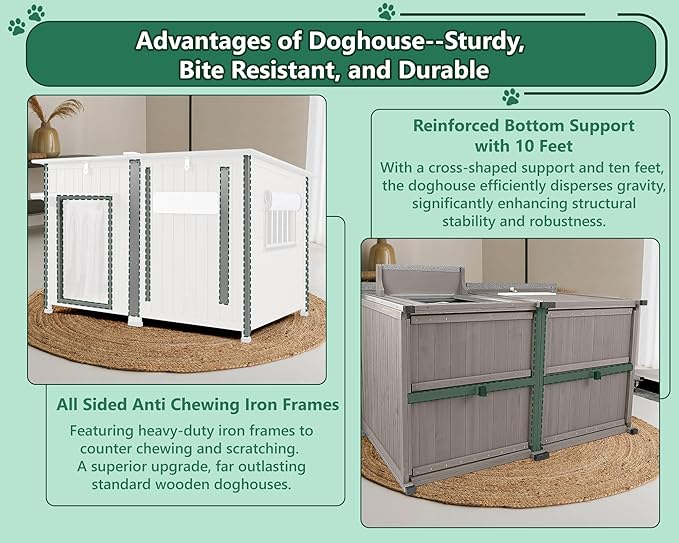 55" Extra Large Outdoor Dog House Weatherproof Wooden Doghouse Indoor for Large Breed Dogs with Anti Bite Frames with Window,10 Elevated Feet, Reinforced Bottom for Pet Up to 220LBS-PurrikoPets