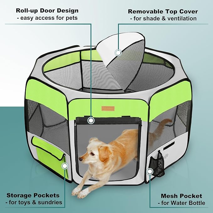 Dog Playpen, Portable Pet Play Pen for Cat, Puppies, Rabbits, Chickens, Foldable Large-Capacity Pet Tent for Indoor/Outdoor Travel Camping Green-PurrikoPets