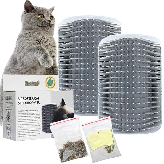 2 PACK Cat Self Grooming Corner Scratcher with Catnip, Massage Comb Brush for Long & Short Fur-PurrikoPets
