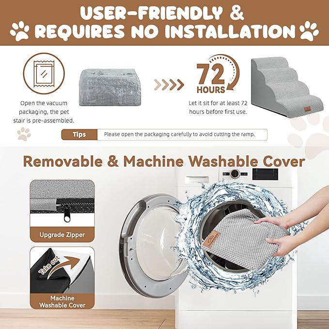 Dog Ramp and Stair for Bed 16" H-20 H,3-Step Cat Stair for Sofa and Chair,4-Step Dog Ramp for High Bed and Window,Durable Nonslip Fabric Cover for Indoor (Light Grey-20 H, Pet Friendly, 4)-PurrikoPets