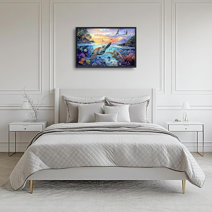 Framed Large Sea Turtle Wall Art for Living Room, Oversized Ocean Turtle Wall Decor Seascape Underwater Marine Life Canvas Painting Home Decoration for Living Room Bedroom Office 36"x24"-PurrikoPets