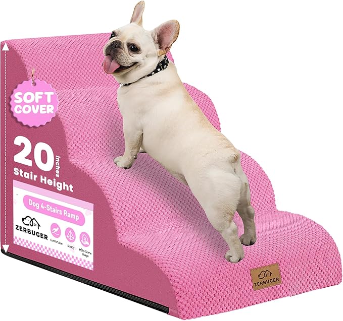 Dog Ramp and Stair for Bed 16" H-20 H,3-Step Cat Stair for Sofa and Chair,4-Step Dog Ramp for High Bed and Window,Durable Nonslip Fabric Cover for Indoor (Pink-20 H, Pet Friendly, 4)-PurrikoPets