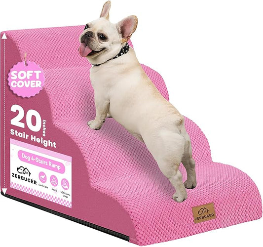 Dog Ramp and Stair for Bed 16" H-20 H,3-Step Cat Stair for Sofa and Chair,4-Step Dog Ramp for High Bed and Window,Durable Nonslip Fabric Cover for Indoor (Pink-20 H, Pet Friendly, 4)-PurrikoPets