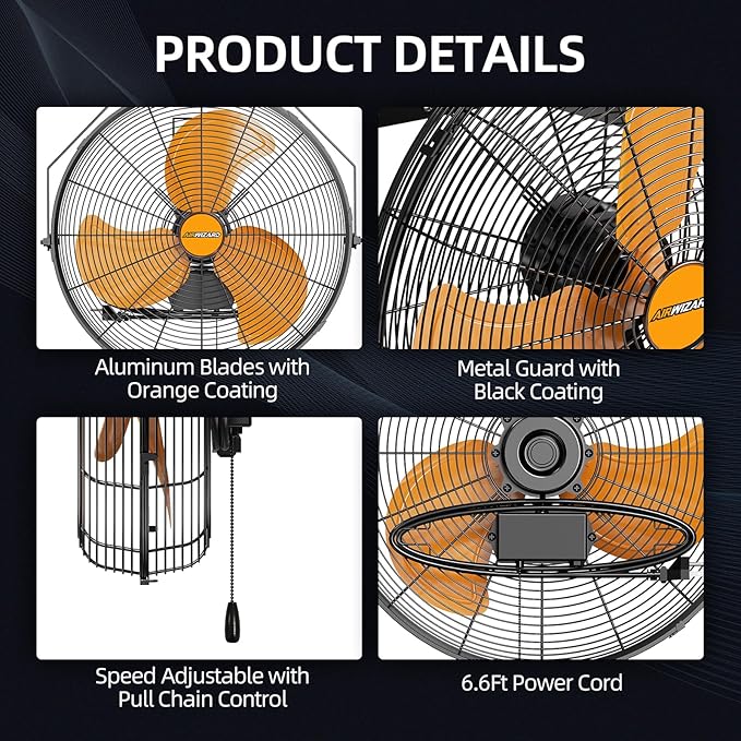 20 Inch Industrial Wall Mount Fan, 4850 CFM High Velocity Metal Wall Fan, 3 Speed, Adjustable Tilt, Commercial Use for Garage, Gym, Covered Patio, Workshop, Greenhouse - UL Listed-PurrikoPets