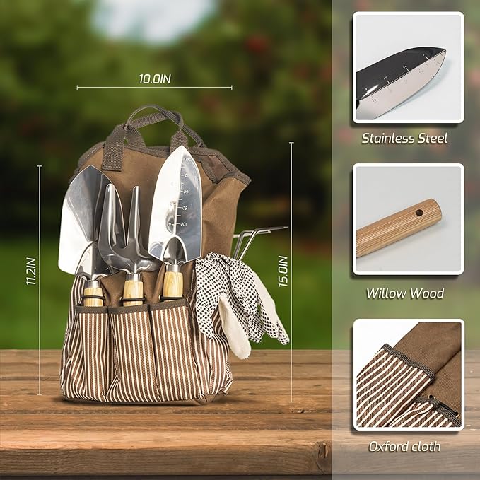 13-Piece Garden Tools Set with Tote Bag & Apron, Repotting Mat - Stainless Steel Heavy Duty Planting Kit, Ergonomic Non-Slip Handles - Gardening Gift for Women, Mom, Home Gardeners-PurrikoPets