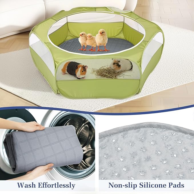 2-in-1 Small Animals Playpen with Pad, Waterproof Small Pet Cage Tent with Reusable Pad, Portable Outdoor Yard Fence with 3 Metal Rod for Chick/Kitten/Puppy/Guinea Pig/Rabbits/Chinchillas, Green-PurrikoPets