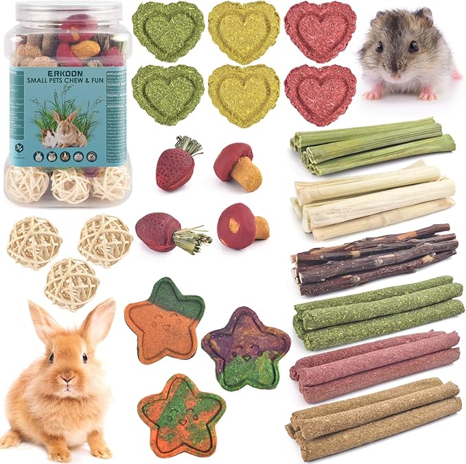 ERKOON 53 Bunny Chew Toys for Rabbits Teeth, Natural Rabbit Toys Apple Wood Sticks, Carrot, Timothy Grass for Small Pets, Hamster, Chinchilla, Guinea Pig Dental Care and Treat Teething(53)-PurrikoPets