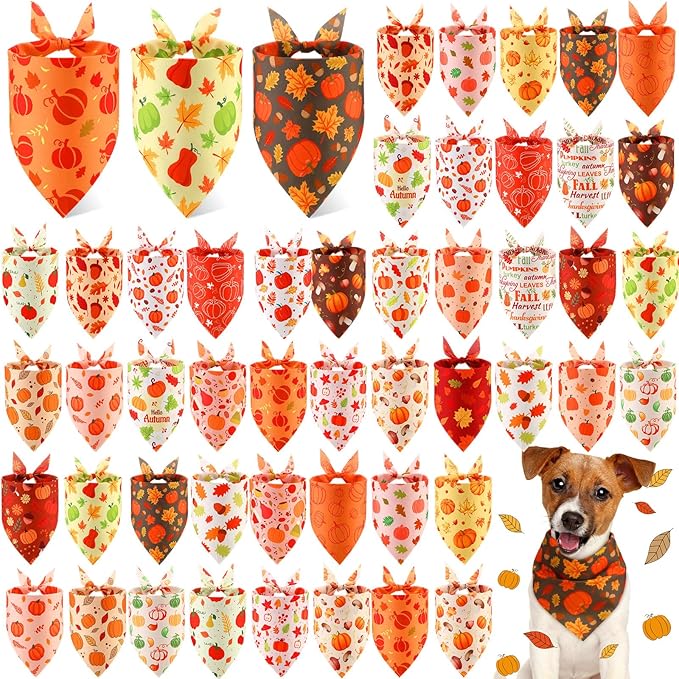 Abbylike 50 Pcs Fall Dog Bandanas Bulk Pumpkin Bandanas for Dogs Triangle Kerchief Bibs Scarf for Small Medium Large Pets Autumn Thanksgiving Costume Accessories, 25 Styles (25.6 x 17.7 x 17.7 Inch)-PurrikoPets