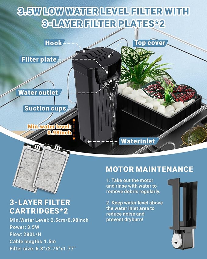 GOZILLA Small Turtle Tank Kit(Tank+Lamp+Filter), Acrylic Turtle Starter Kit with Adjustable Lamp, Reptile Habitat and Terrarium with Multi-Functional Areas for Small Reptiles. (Black Kit)-PurrikoPets