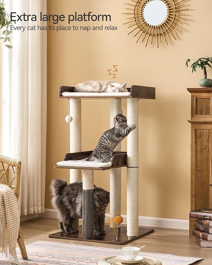 FourFurPets 43.7" Cat Tree, Modern Cat Tree Tower, Cat Tower for Indoor Cats Large Adult, Cat Condo with Scratching Post, Large Perch and Removable Pads,Rustic Brown-PurrikoPets