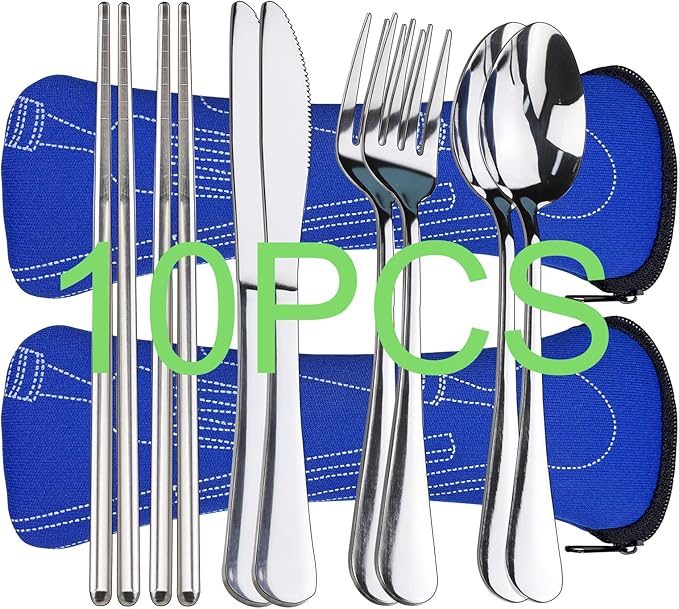 10PCS Portable Silverware Set with Case, Lengnoyp Travel Camping Utensils Set, Premium Stainless Steel Travel Cutlery Set, Reusable Safe Flatware Sets for Lunch Box/Workplace/Students, Silver-PurrikoPets
