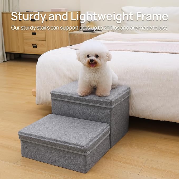 Foldable Dog Stairs/Steps 2-Tier Pet Steps Storage and Adjustable Steps for Small Medium Dogs Pet Steps Storage Stepper for High Beds Sofa Pet Dog Cat (2 Step-Light Grey)-PurrikoPets