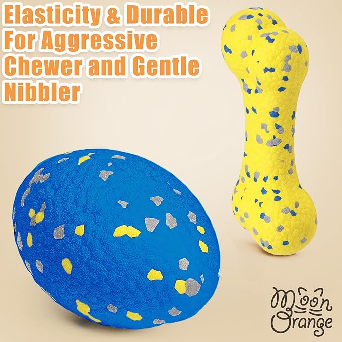2Pcs Upgrade Bone Dog Balls+Rugby Dogs Toys for Aggressive Chewers, Indestructible Tennis Balls for Dogs (Blue+Yellow)-PurrikoPets