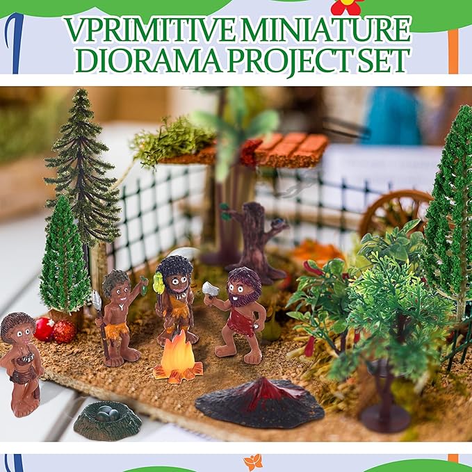 27 Pcs Primitive Man Figurines Kit, Include Diorama Supplies Mini People Figures Mixed Model Trees Stone Sand for Diorama Box Educational School Project Gift-PurrikoPets