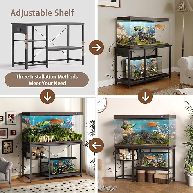 50-75 Gallon Fish Tank Stand with Power Outlet & LED Light, Metal Aquarium Stand with 3 Tier Adjustable Storage Shelves, Tank Stand for Reptile Tank, Turtle Tank, 52" L*19.5" W, Black-PurrikoPets