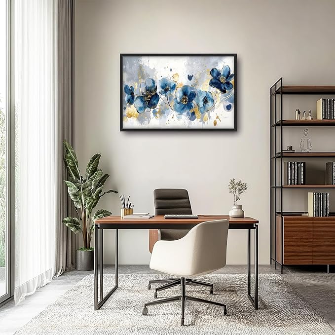 Extra Large Framed Abstract Blue Flower Wall Art,Oversized Golden Grey Floral Wall Decor Pictures for Living Room,Canvas Print Painting Modern Artwork Bedroom Office Bathroom Home Decor 36L" x 24W"-PurrikoPets