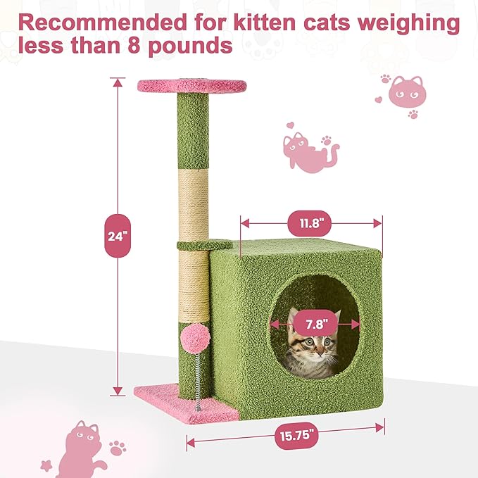 24 Inch Cat Tree Condo for Indoor Cats with Floral Sisal Scratching Post, Plush Hang Ball Play Furniture for Kittens Cats, Pink-PurrikoPets