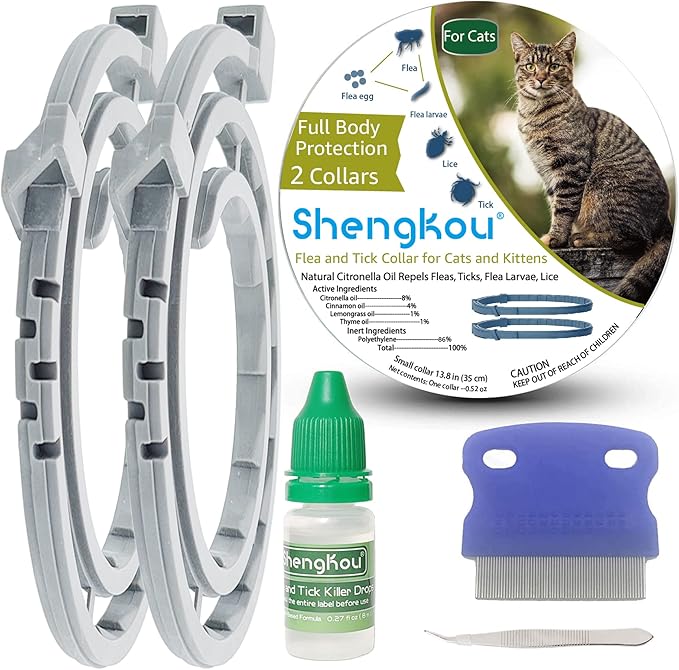 Flea and Tick Collar for Cats, Natural Plant-Based Ingredients for Treatment and Prevention, Safe and Waterproof, with Free Flea Comb, Tick Tweezer, and Treatment Prevention Drops, 13.8 in (2 Packs)-PurrikoPets