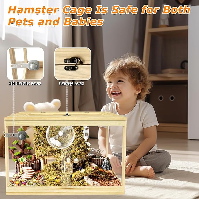 24" Hamster Cage, Lockable Sliding Door Gerbil Cage, Dwarf Hamster Cage with Metal Mesh Roof, Mice and Small Animal Habitat, Chewproof Syrian Hamster Enclosure, (Wooden, 24" L x 16" W x 16" H)-PurrikoPets